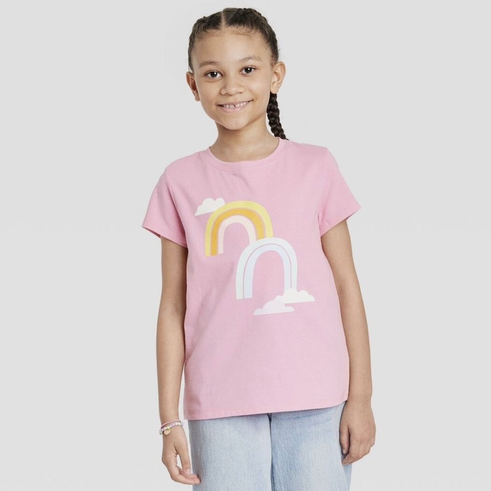 Girls Rainbow Short Sleeve Graphic T-Shirt Cat & Jack Bright Pink Size L Girls